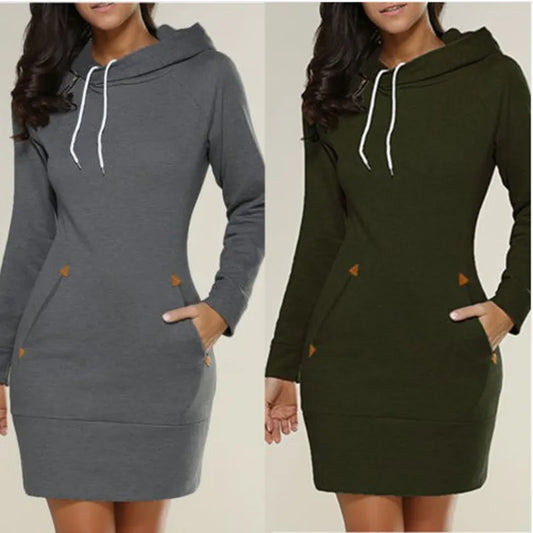 Knee-Length Pockets Dress Hooded Warm Sweat Shirt Long Sleeve Side Zip Neckline Simple Casual Sports Skirt