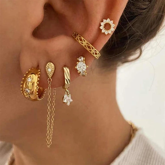 Gold Plated Hoop Earrings Set for Women Retro Piercing Ear Cuffs Stud