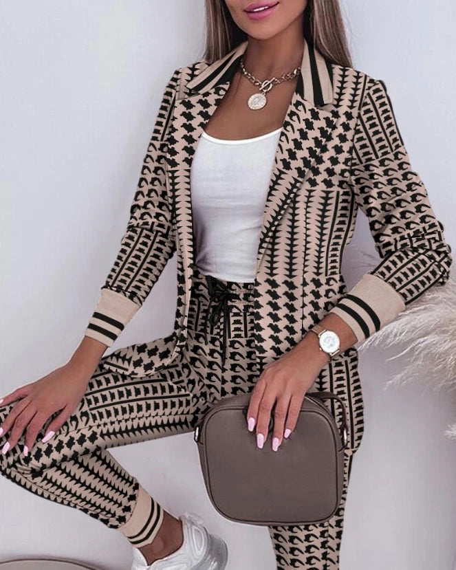 Women's  Pantsuit Striped Notched Collar Blazer Coat Drawstring Pants Set 2 Piece Set