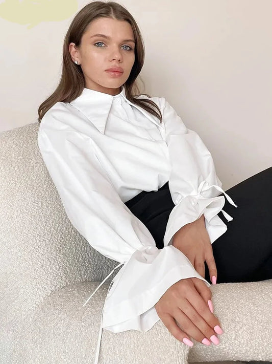 Claire Lady Lace Up White Women Blouse