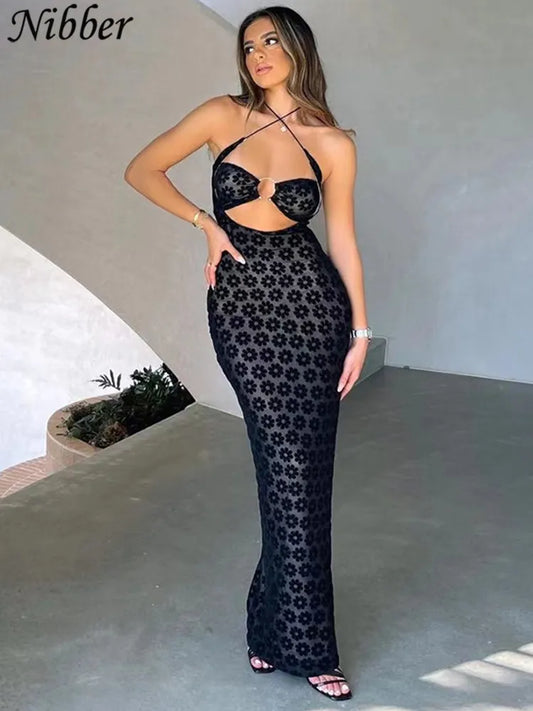 Solid Color Hanging Neck Maxi Dress Hollow Women Perspective Bag Hips Robe Female Street Trendy Dresses Clothing