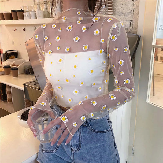 Daisy Print Perspective Blouse Shirt Casual  Top