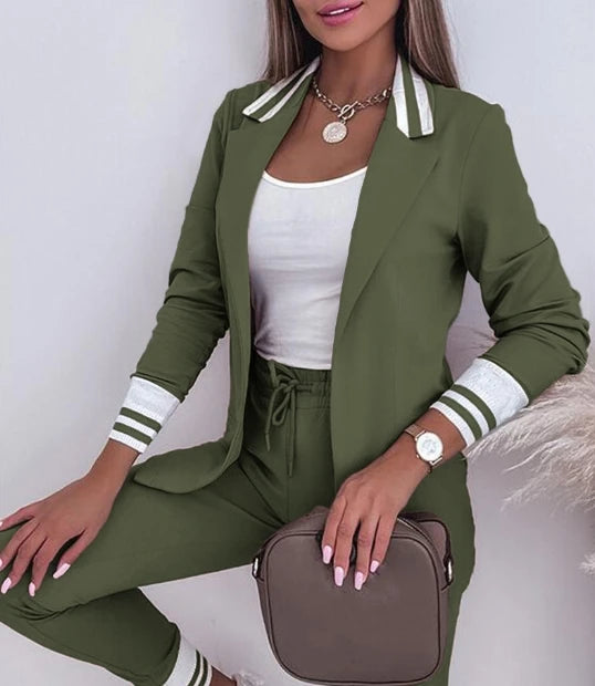 Women's  Pantsuit Striped Notched Collar Blazer Coat Drawstring Pants Set 2 Piece Set