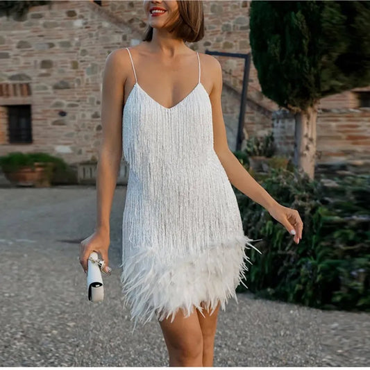 New Tassel Sequins Feather Mini Dress Spaghetti Strap Stitching Dresses Elegant Dress