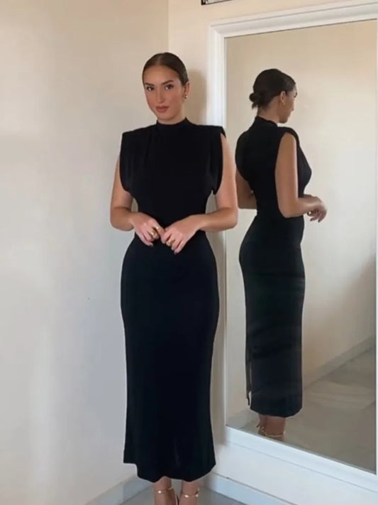 Fashion Midi Dress  Elegant O-Neck Split Sleeveless Slim Dresses Streetwear High Waist Bodycon Vestidos Robes